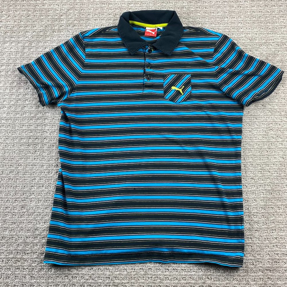 PUMA Polo Shirt Men Large L Blue Black Gray Yellow Striped Embroidered - HOLES